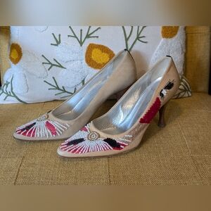 Etro Cream and Red Heels with Intricate Beaded Design